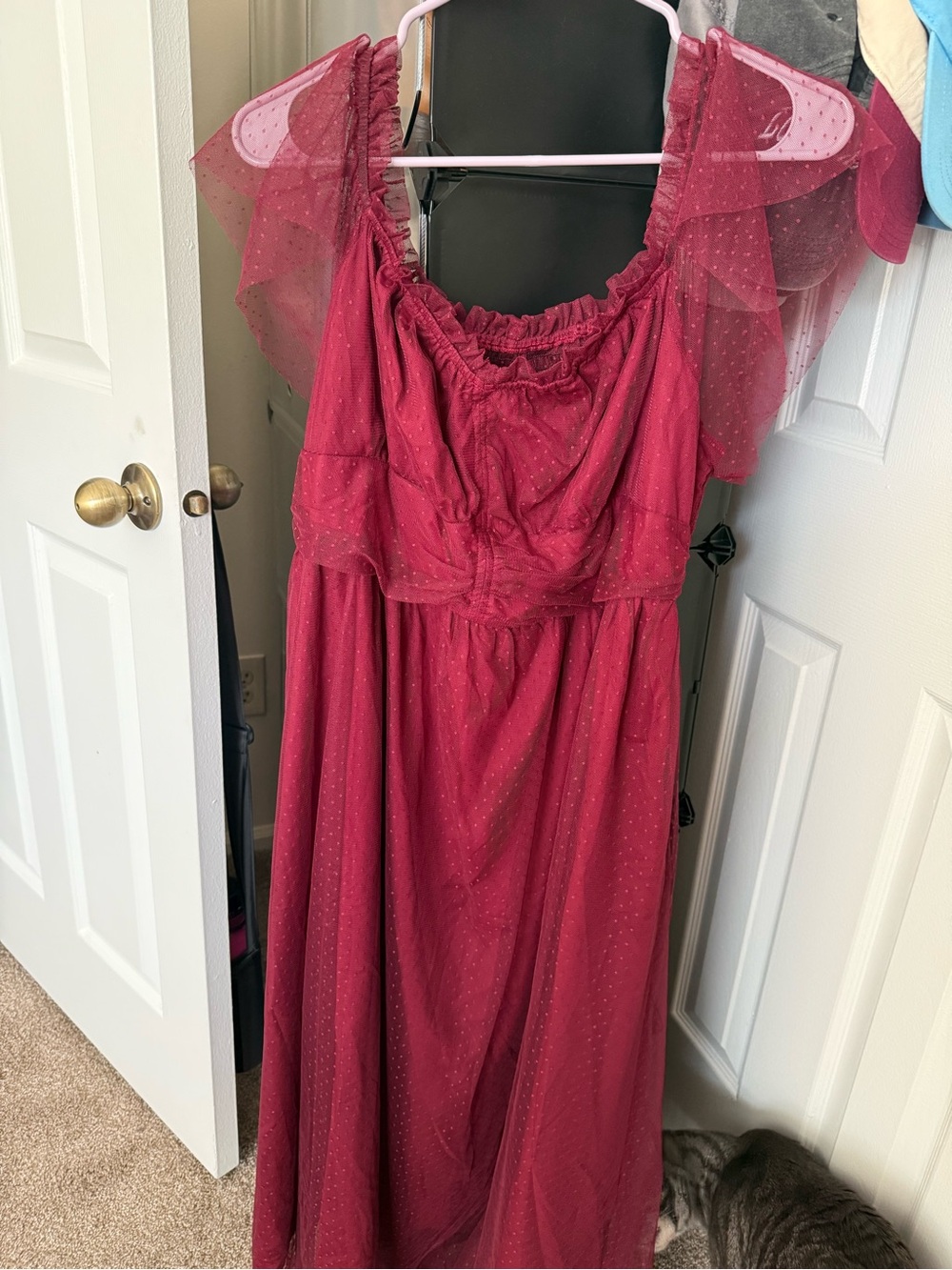 Burgundy Tulle Flutter-Sleeve Dress